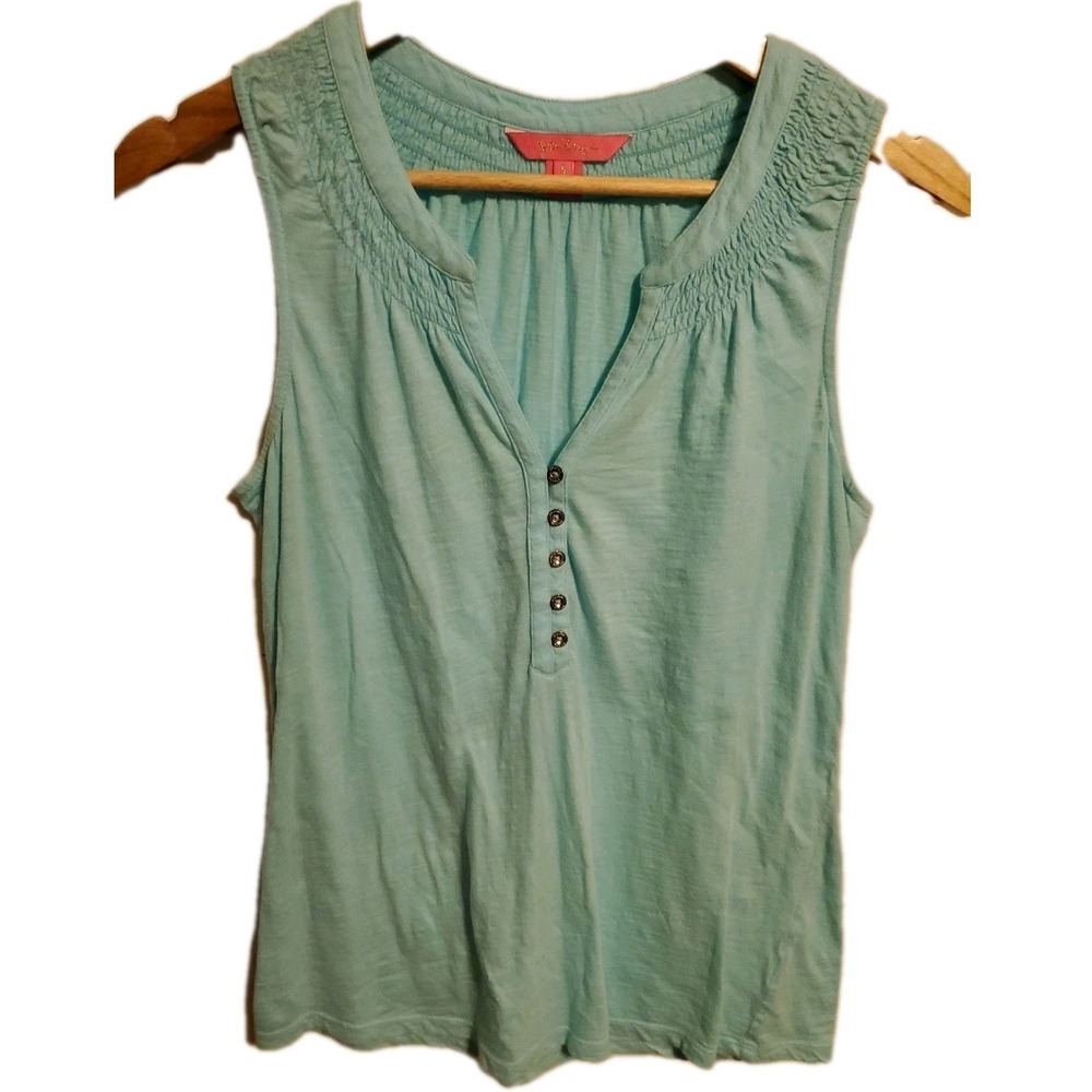 Lilly Pulitzer Essie Tank Top Women's‎ size Small Aqua Blue Gold Buttons